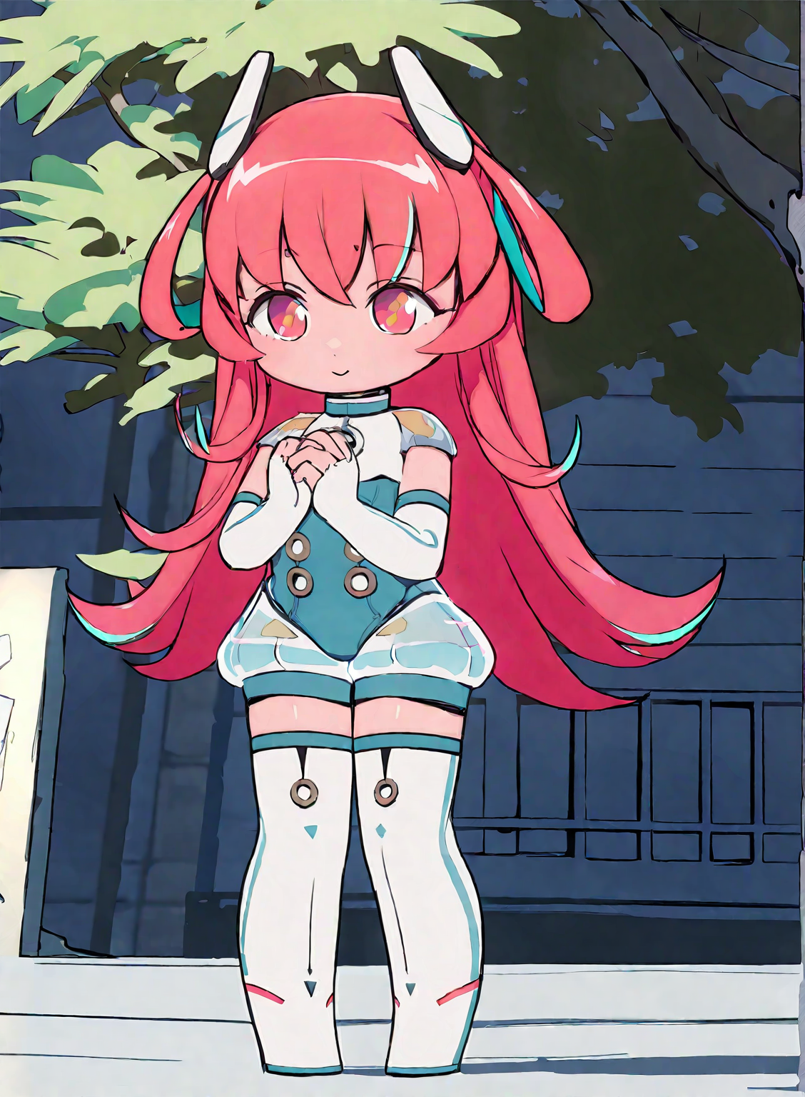 (1girl:1.2),(solo:1.2),masterpiece,best quality,highly detailed,best quality,illustration,highres,extremely detailed wallpaper,sketch,flat color,anime screencap,third-party edit,
nice hands,perfect hands,
chibi,pink hair,pink eyes,standing,thigh boots,thighhighs,long hair,(park background),happy,<lora:AganLoraXL:1>,