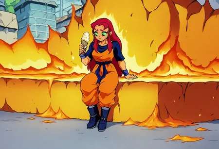 safe_pos, score_9,score_8_up,score_7_up,sad, cring, lose look, holding icea cream with one hand, ice cream melting,

1girl, starfire, red hair, long hair, green eyes, green sclera, orange skin
 
,medium breast,wide hips,orange sleevelees dougi, Blue Tshirt under dougi, wristband, orange pants, blue footwear, boots, blue sash, sitting,  long-shot, in the middle of the shot, destroyed city, muscle,  fire, sad,