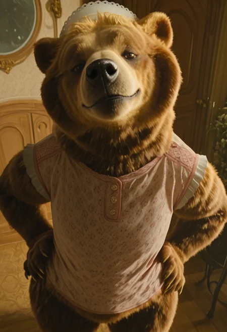dulcibear_wicked, 1girl, furry, female brown bear, brown and golden fur (light golden fur on face), bear ears, short golden hair, brown eyes, black nose, golden claws, white maid headwear, pink top (small flowers patterns, short white sleeves), bottomless, plump, bulk, flat chest,
score_9_up, score_8_up, score_7_up, BREAK, 1girl, solo, looking at viewer, cute, smirk, from above, hands on hips, head tilt, female focus, ultra detailed, detailed background, sky, masterpiece, best quality, 8k, Expressiveh, realistic, 3d, indoors,