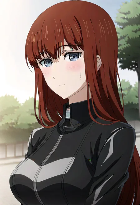 Ultra-high-detailed Anime illustration of Kagari Shiina. The artwork features Kagari in a solo, standing position with a outdoors, street background. 
She is depicted with intricate details showcasing her big breasts, natural breasts. She is a white skinned, 22 years old woman. Kagari is looking at viewer with perfect eyes, Her pupils are highly detailed. The eyes are open. grey eyes. Kagari's eyes are highlighted. Highlighted eyevrows. 
She has long hair, red colored hair, styled in floating hair with bangs.
She is wearing a motorcycle suit, black motorcycle suit, full body motorcycle suit with black gloves, black belt and black shoes. 
The artistic style is intricate_details_xl with a focus on Anime artstyle. The color palette emphasizes red and black with detailed strokes to bring out the character's features. The lighting creates dramatic shadows and highlights, adding depth to the artwork. The perspective is from a dutch angle to enhance the impact of the character's expression. This masterpiece is a true portrayal of Kagari's complex personality and will captivate any fan of Kagari. Kagari Shiina, close up