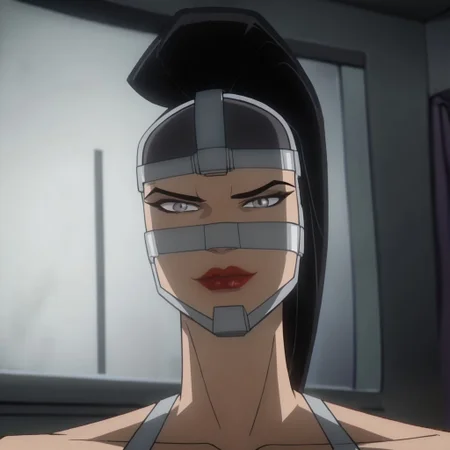 score_9, score_8_up, score_7_up, 1girl, solo, lipstick, black hair, ponytail, long hair, gray eyes, mask, LashinaSBA, looking at viewer, cartoon_screencap, indoors, face focus, smug, bedroom, night