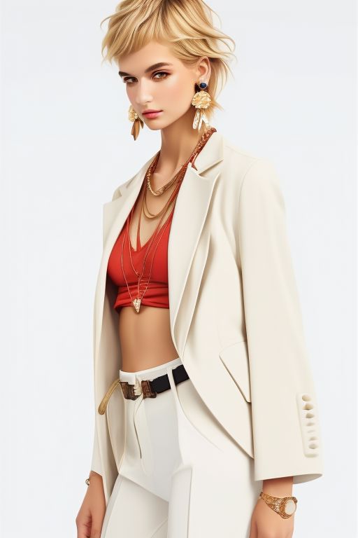 masterpiece, best quality, ultra detailed, bellissima, 1girl, white top,  pants, jacket, Armani style, very short hair, blonde hair, freckles, earrings, chain necklace, cowboy shot