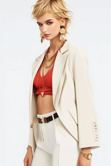 masterpiece, best quality, ultra detailed, bellissima, 1girl, white top,  pants, jacket, Armani style, very short hair, blonde hair, freckles, earrings, chain necklace, cowboy shot