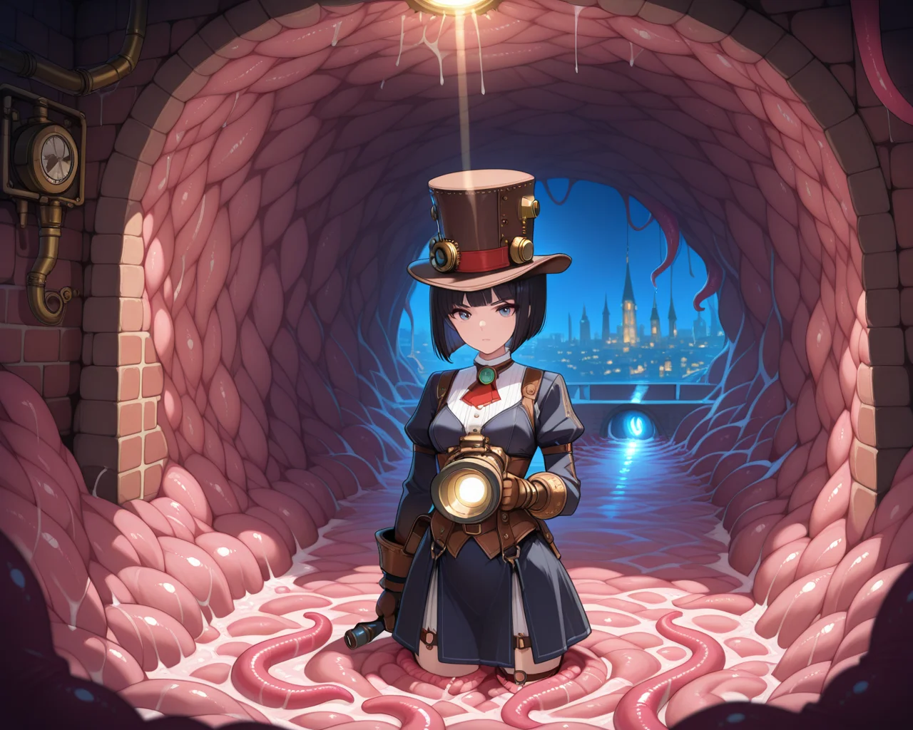 masterpiece,best quality,highres illustration,detailed face,1girl,fantasy,<lora:tentaclebg_IL:1>,tentacle pit,steampunk,top hat,black hair,bob cut,serious,flashlight,brick wall,night,cityscape,