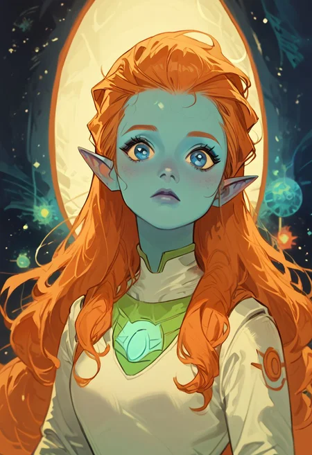 score_9, score_8_up, score_7_up, score_6_up,  fl4ttr1p,
1girl, solo, zzMira, blue eyes, blue skin, orange hair, pointy ears, white spacesuit,