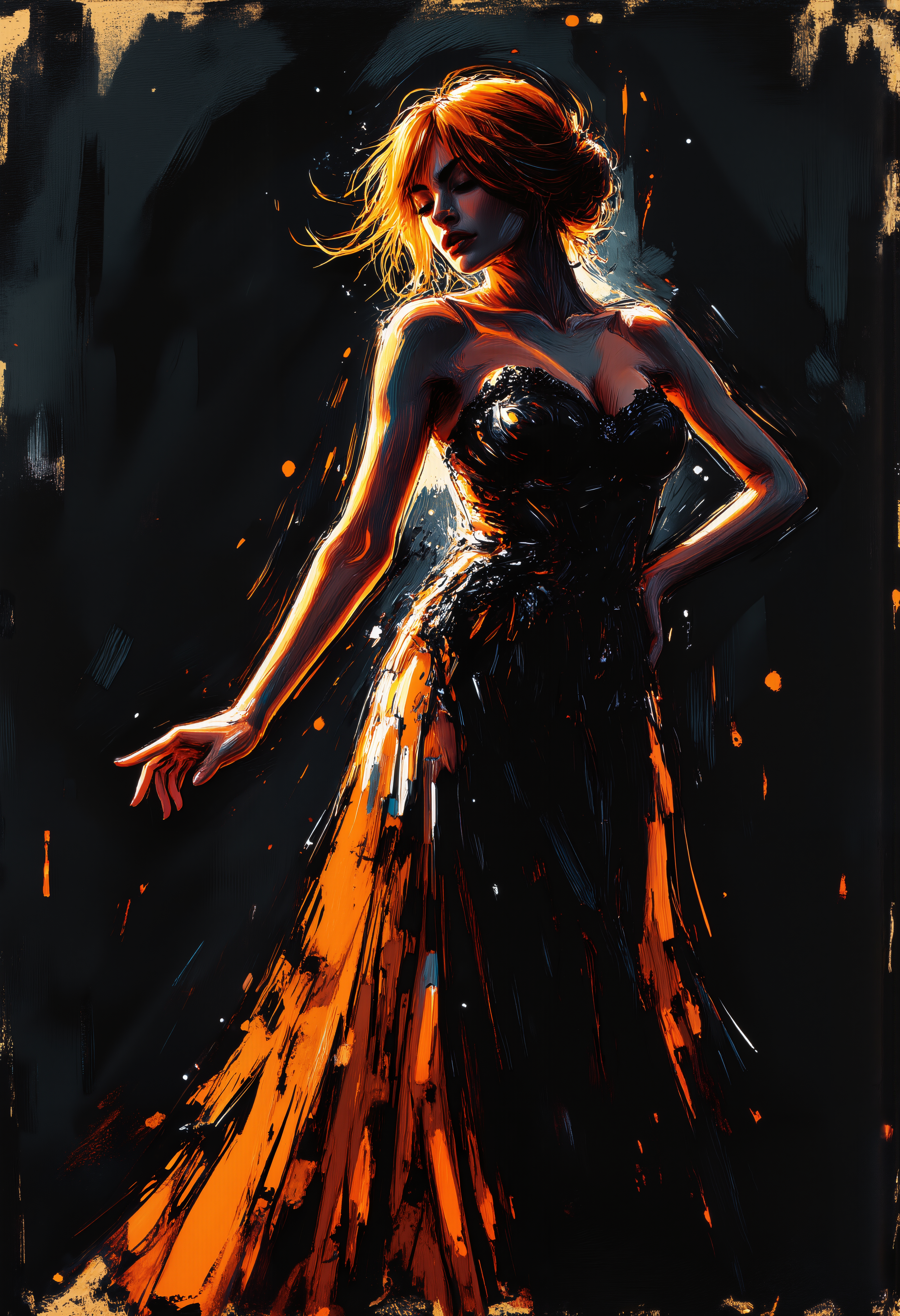 an expressionist painting of a ginger woman captured in a sensational, medium-shot pose, where emotion and atmosphere take precedence over realism. The woman's figure, though simplified in form, bursts with a palette of monochrome shadesâwhite, black, and grayâhighlighted with striking accents of orange. Her silhouette appears almost abstract, with glowing outlines that enhance the dynamic movement of her elegantly lifted hands and the intricate lace detailing of her dress. The background remains a solid black, starkly contrasting with the vibrant, almost vibrating outlines of her form, which seem to pulse with energy. The painting employs high-contrast lighting, where stark, glowing lines not only define the contours of her silhouette but also imbue the piece with a mystical, otherworldly effect. The overall mood is dramatic and stark, channeling the expressionist focus on emotional resonance over physical realism. This creates a sense of mystery and modern elegance that is both haunting and captivating. The style merges modern minimalist art with traditional expressionist techniques, resulting in a striking and memorable visual experience that emphasizes texture, movement, and emotional depth.