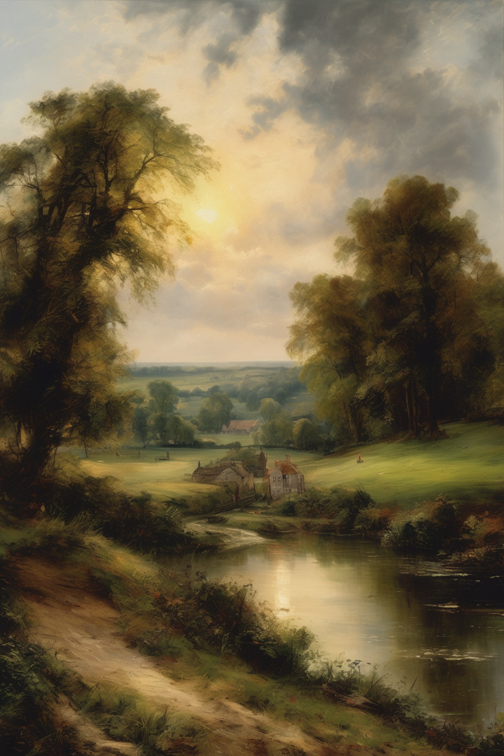 John Constable Style - A breathtaking landscape painting that combines the delicate touch of the Luminists, the powerful compositions of the Romantic era, and the loose, expressive brushwork of the Impressionists. in 16th London in the bacground. The scene is imbued with a sense of tranquility and harmony, celebrating the beauty of nature in all its forms while inviting the viewer to embark on a journey of discovery and wonder.