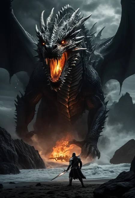 Unfazed dragon, a knight in shining armor, facing a fearsome dragon, knight is jumping towards dragon, dragon opens mouth, dragon mouth has teeth, fire from dragon mouth, epic battle, burning sword, sword, dark fantasy, detailed armor, fire, scales, dramatic lighting, its light barely illuminating the surroundings, The atmosphere is heavy with tension the sea crashing violently against the rocks, the creature's immense size dwarfing the solitary human, lone figure against the ancient, otherworldly beast, color palette is dark, deep blacks and greys, high contrast, ral-ertmsphr,