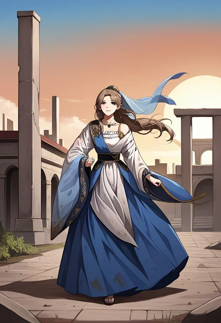 score_9, score_8_up, score_7_up, score_6_up, insaneres, absurdres, solo, manhwa artstyle,,8k,hdBREAK
MinJiwon, brown eyes, mousy hair, long hair,
ruanyi0759,blue dress,hanfu,jewelry,veil,off shoulder,wide sleeves,white dress,
(,1girl,solo,dancing,), ruins, scenery, afternoon. sun light, dirt, depth of filed, cowboy shot,BREAK