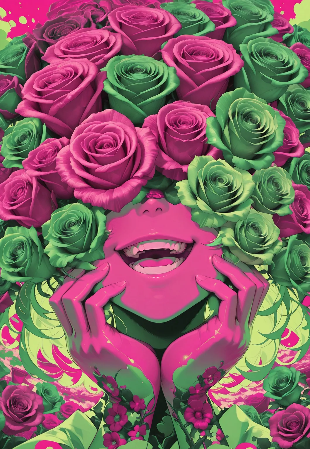 solo, portrait, flowers over eyes, [too many flowers], rose,
hands on own cheeks, open mouth, grin, upper teeth only, limited palette, (pink, green),
masterpiece, best quality, absurdres