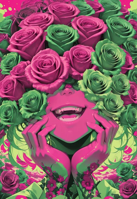 solo, portrait, flowers over eyes, [too many flowers], rose,
hands on own cheeks, open mouth, grin, upper teeth only, limited palette, (pink, green),
masterpiece, best quality, absurdres