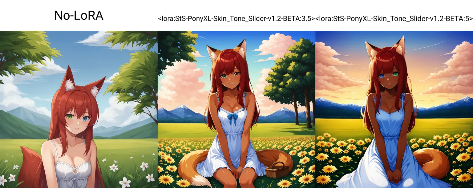 score 9, score 8 up, score 7 up, source anime, No-LoRA, 1girl, solo, (upper body), face focus, facing viewer, sitting, light smile, red hair, heterochromia, blue eye, green eye, fox girl, fox ears, fox tail, long hair, bangs, sundress, exposed shoulders, (small breasts), cleavage, field, grass, on grass, flower, tree, branch, cloudy sky, mountainous horizon, 8k, absurdres, NO_LORA