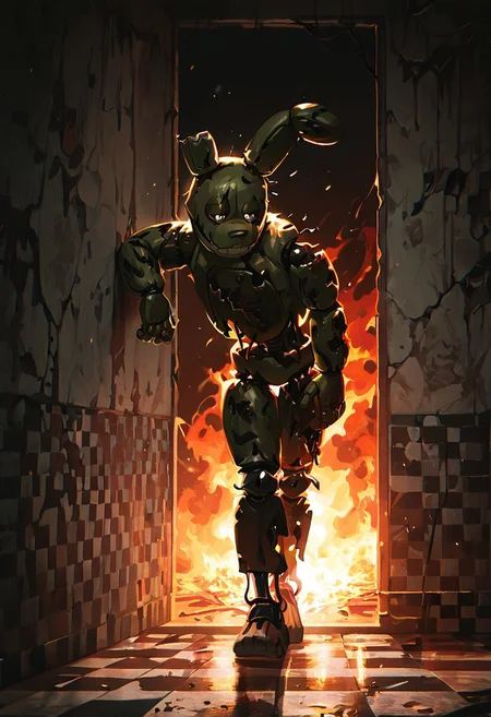 masterpiece, best quality, amazing quality, very aesthetic, absurdres, newest, detailed background, foreground blur, 
,springtrap, robot, teeth, rabbit ears, mechanical parts, animatronic, green skin, round head,  damaged, closed mouth, 
on fire, room on fire, leaning on wall, burning, checkered floors, blood, grey walls, checkered walls,