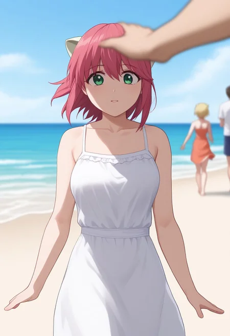 1girl, 1boy, Lucy, POVembrace, reaching_out, beach, summer dress, depth of field, blurry background, foreshortening