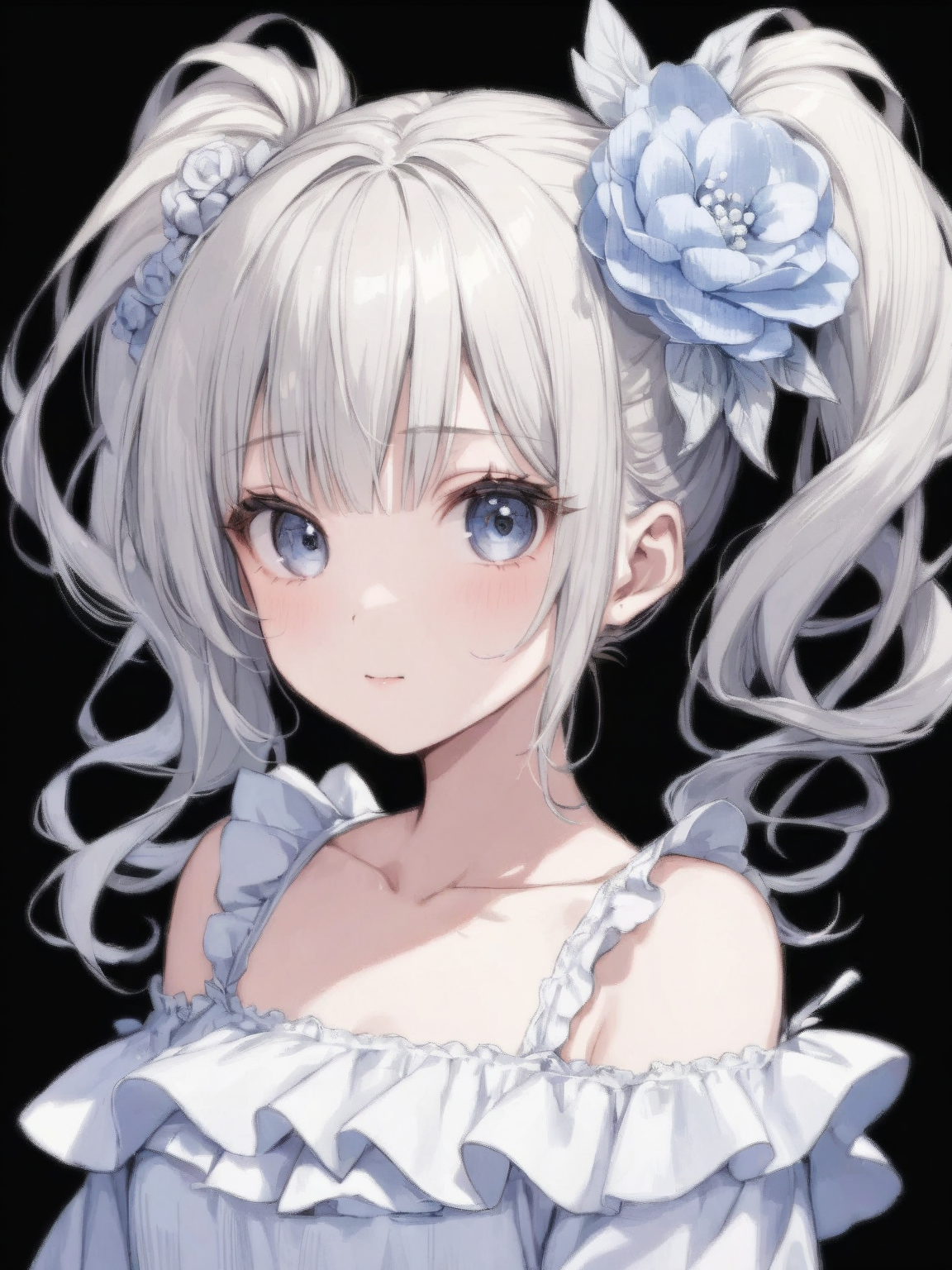 masterpiece,ultra-detailed,best quality,8K,illustration,cute face,clean skin ,shiny hair,girl,ultra-detailed-eyes,simple background, <lora:add-detail-xl:1> <lora:morigami_XL_V1.0:0.7>morigami,hair flower,,curly hair,hair bun,twintail