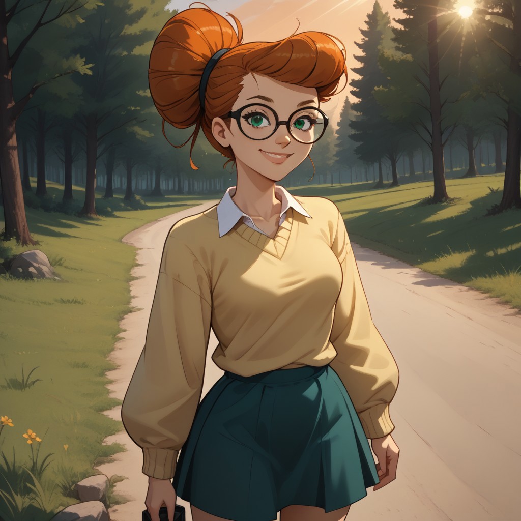 score_9, score_8, BREAK, solo, green eyes, red hair, orange hair, pompadour, single hair bun, hair bun, glasses, sweater, socks, skirt, green skirt, white socks, collared shirt, yellow sweater, black footwear, shoes, total drama, Scarlett_(Total_Drama), tdpi, sexy pose, self portrait, smile, outdoors, sunlight, shadows, evening lighting, natural lighting, forest, trees, grass, orange sky, sunset