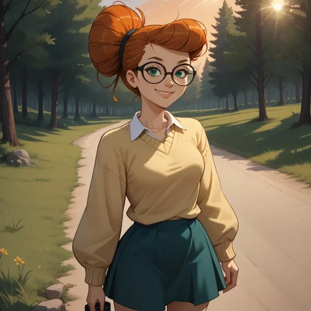 score_9, score_8, BREAK, solo, green eyes, red hair, orange hair, pompadour, single hair bun, hair bun, glasses, sweater, socks, skirt, green skirt, white socks, collared shirt, yellow sweater, black footwear, shoes, total drama, Scarlett_(Total_Drama), tdpi, sexy pose, self portrait, smile, outdoors, sunlight, shadows, evening lighting, natural lighting, forest, trees, grass, orange sky, sunset
