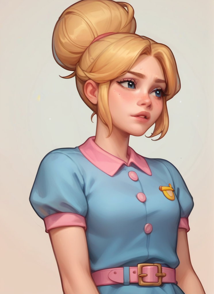 score_9, score_8_up, score_7_up, <lora:bspiper:1>bspiper , 1 girl blonde hair  ,hair bun    ,blue dress , ,pink belt ,upper body,  ,short sleeves,short dress,  <lora:Kittew-4RCH0N:1>