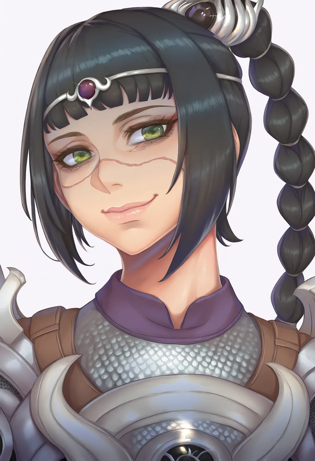 momofuki rio, best quality, amazing quality, very aesthetic, absurdres,
1girl, solo, shadowheart, black hair, braided ponytail, green eyes, scar on face, circlet, armor,
horny smile, looking at viewer, upper body, simple background, white background <lora:MomofukiRioIllustriousLocon_byKonan:1> <lora:ShadowHeartIllustrious_byKonan:1>