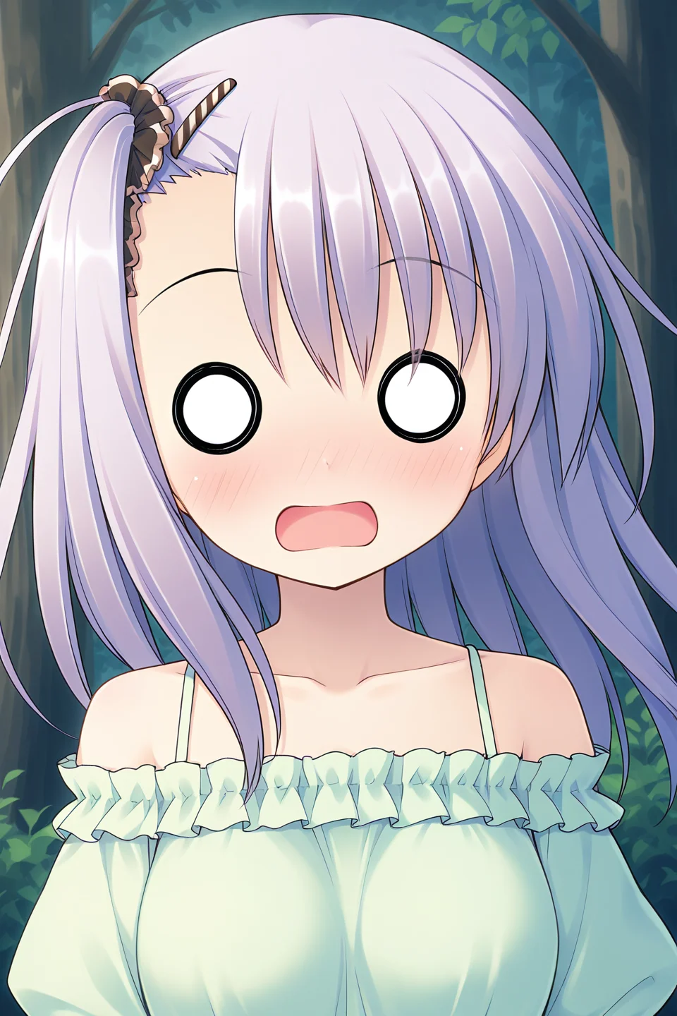 masterpiece, best quality, absurdres, official art, official style, rating general BREAK <lora:manabekei_IL_v1-1:0.7>, manabe kei, 1girl, solo, purple hair, light purple hair, long hair, one side up, side ponytail, black scrunchie, asymmetrical hair, asymmetrical bangs, hairclip, large breasts BREAK casual, bare shoulders, collarbone, blouse, green shirt, frilled shirt, off-shoulder shirt, puffy short sleeves, halterneck, striped camisole, standing, outdoors, nature, forest edge, close-up, portrait,
blush, :o, d:, blank eyes, embarrassed, hair between eyes, meme, no pupils, nose blush, o o, open mouth, parody, parted lips, solid circle eyes, stunned, white eyes