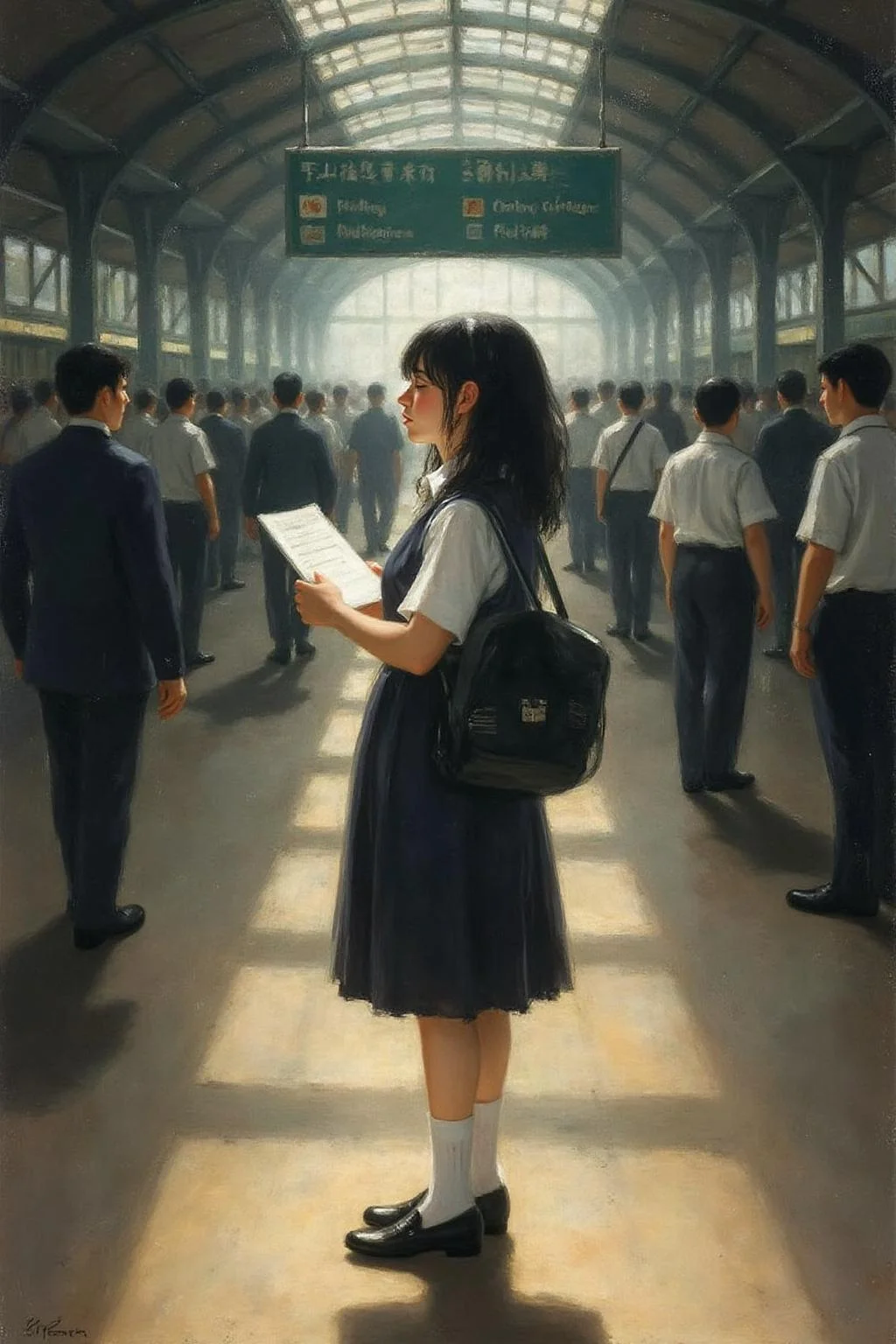 g0ya1 painting
Profile of a high school student in uniform, white socks and black shoes, standing in the middle of a train station, holding two acceptance letters--one for a local college and the other for an overseas university. The station is bustling with people moving in every direction, while she stands still, eyes closed, taking a deep breath as she tries to decide which future to follow <lora:g0ya1_cap_d6a3:1.0><lora:815797251105572210:0>