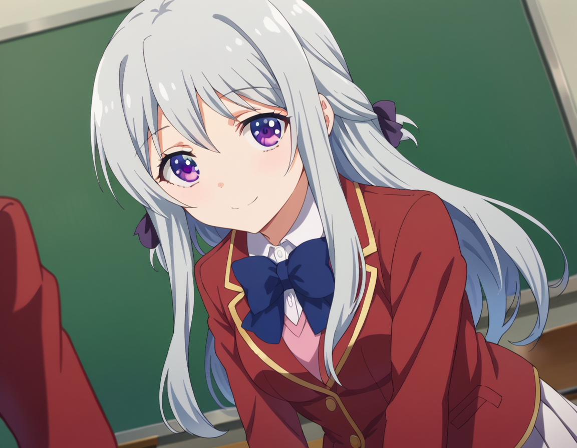 score_9, score_8_up, score_7_up, source_anime,
hiyorishiina, <lora:hiyori-shiina-s2s3-ponyxl-lora-nochekaiser:1>,
hiyori shiina, long hair, bangs, purple eyes, hair ribbon, grey hair,
skirt, shirt, long sleeves, bow, ribbon, school uniform, jacket, pleated skirt, bowtie, blue bow, blazer, white skirt, red jacket,
indoors, classroom, bent over, smile,
looking at viewer, dutch angle, cowboy shot,