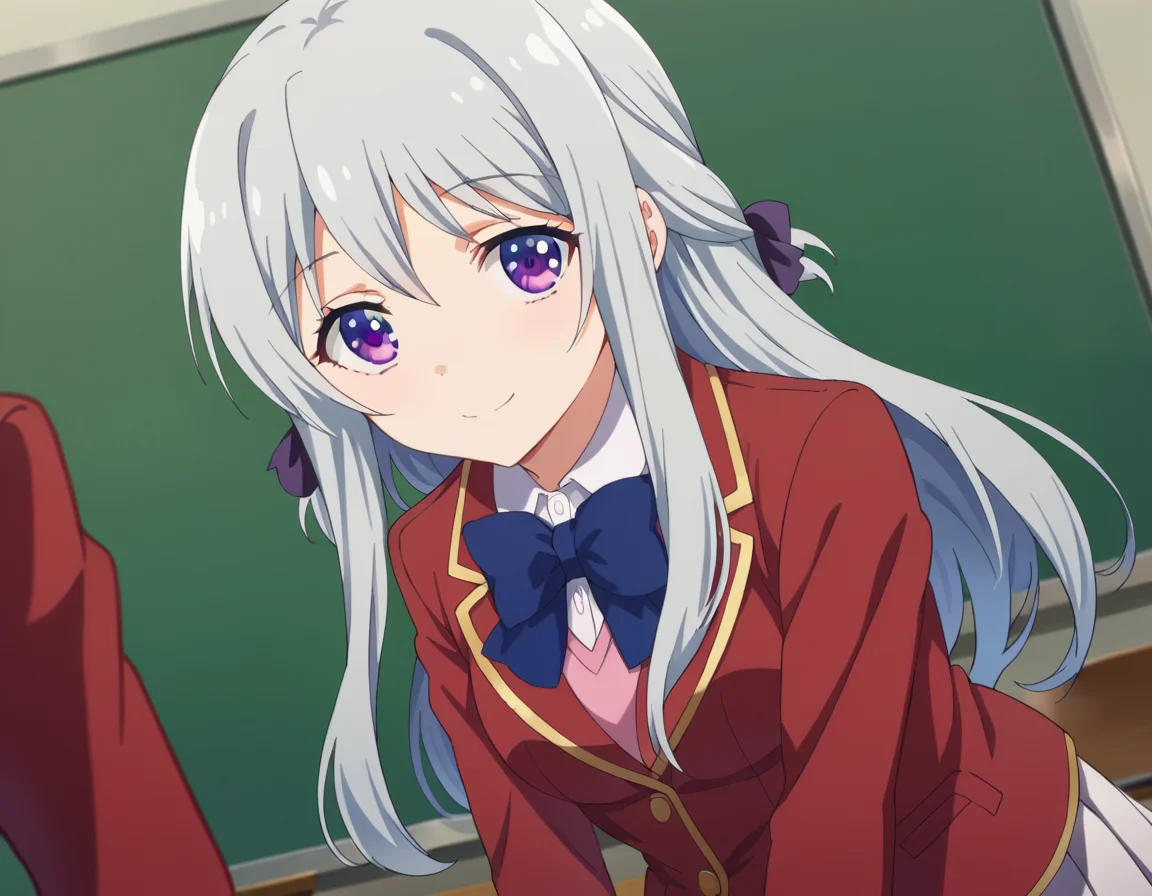 score_9, score_8_up, score_7_up, source_anime,
hiyorishiina, <lora:hiyori-shiina-s2s3-ponyxl-lora-nochekaiser:1>,
hiyori shiina, long hair, bangs, purple eyes, hair ribbon, grey hair,
skirt, shirt, long sleeves, bow, ribbon, school uniform, jacket, pleated skirt, bowtie, blue bow, blazer, white skirt, red jacket,
indoors, classroom, bent over, smile,
looking at viewer, dutch angle, cowboy shot,