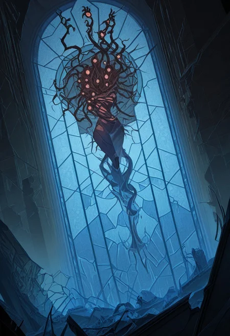 afkArenaStyle, masterpiece, cinematic, dramatic, high quality, high resolution, extremely detailed, stained glass windows, broken windows, ruins, Bonnibel:eldritch creature, off centre, Dutch angle, abomination, cyberpunk, biopunk