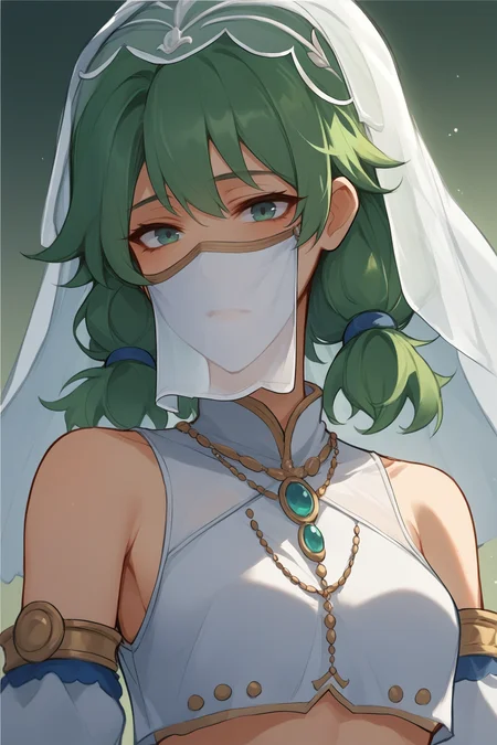 source_anime, score_9, score_8_up, solo, 1girl, <lora:NSCarolineStardew:1> NSCarolineStardew, green hair, low twintails, short hair, (veil, mouth veil), detached sleeves, crop-top