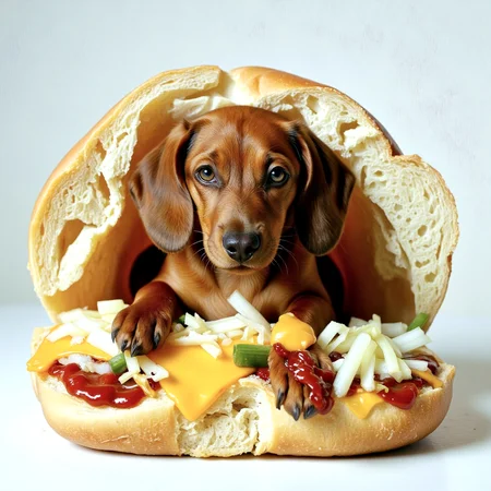 A hyperrealistic photo of a dachshund inside one gigantic oversized bun. He has ketchup, onions, and cheese on his body.