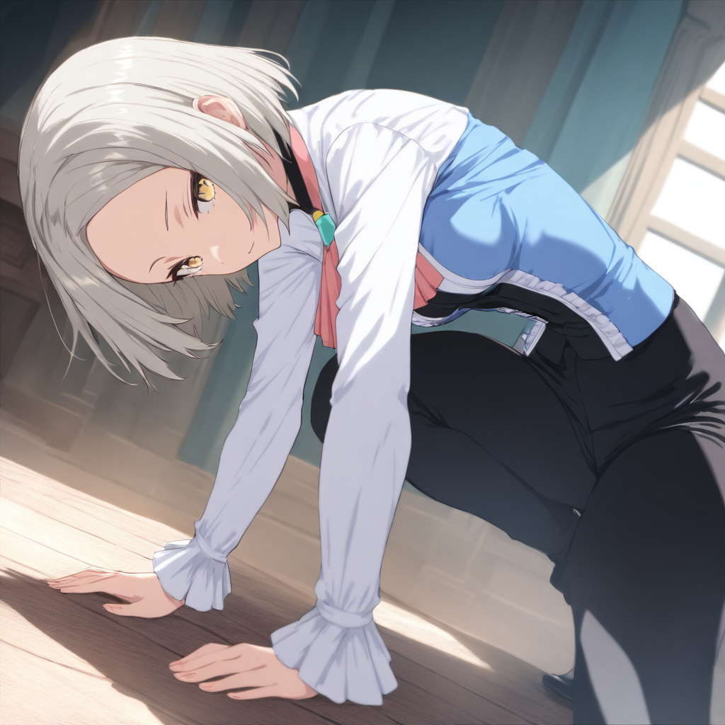 solo,masterpiece,high score,great score,absurdres,<lora:Yukine_Mare ag4o v1:1> yukine_mare, grey hair, short hair, yellow eyes,ascot,frills,long sleeves,pants,