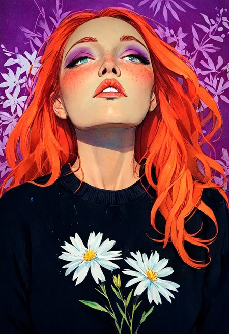 (resplendent highlighting) in the style of casual line and wash sketch, hauntingly beautiful, a drawing of a woman with long loose red hair, smug look, looking up, inspired by Miho Hirano, Miguelanxo Prado and Amy Sol, olive skin, ultraviolet and infrared hues, white flower-pattern on dark-black sweater, anaglyph colors, aidmamj6.1, 3xpr3sgg0th1cn30n1nc4s3, ExpresHGothicNeonIncaseUOC, ExpresHGothicNeonIncase,