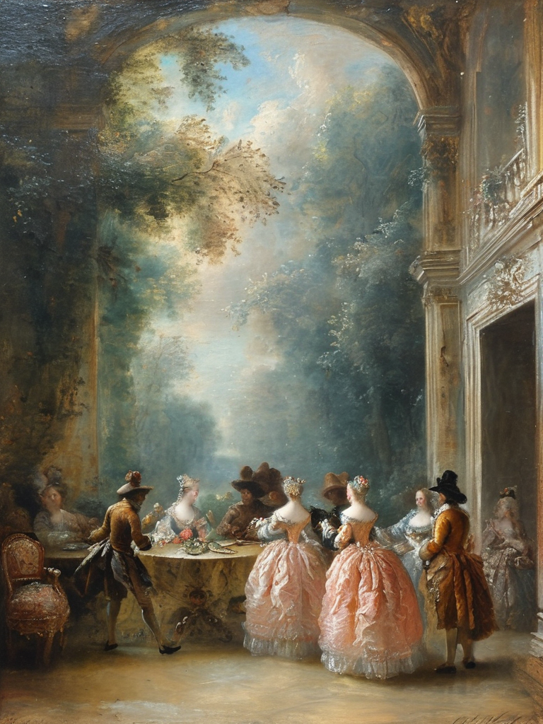 masterpiece,best quality,<lora:tbh124-sdxl:0.7>,indoors,palace,rococo,oil painting,style of Jean-Antoine Watteau,