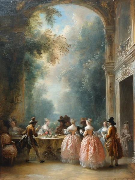 masterpiece,best quality,<lora:tbh124-sdxl:0.7>,indoors,palace,rococo,oil painting,style of Jean-Antoine Watteau,