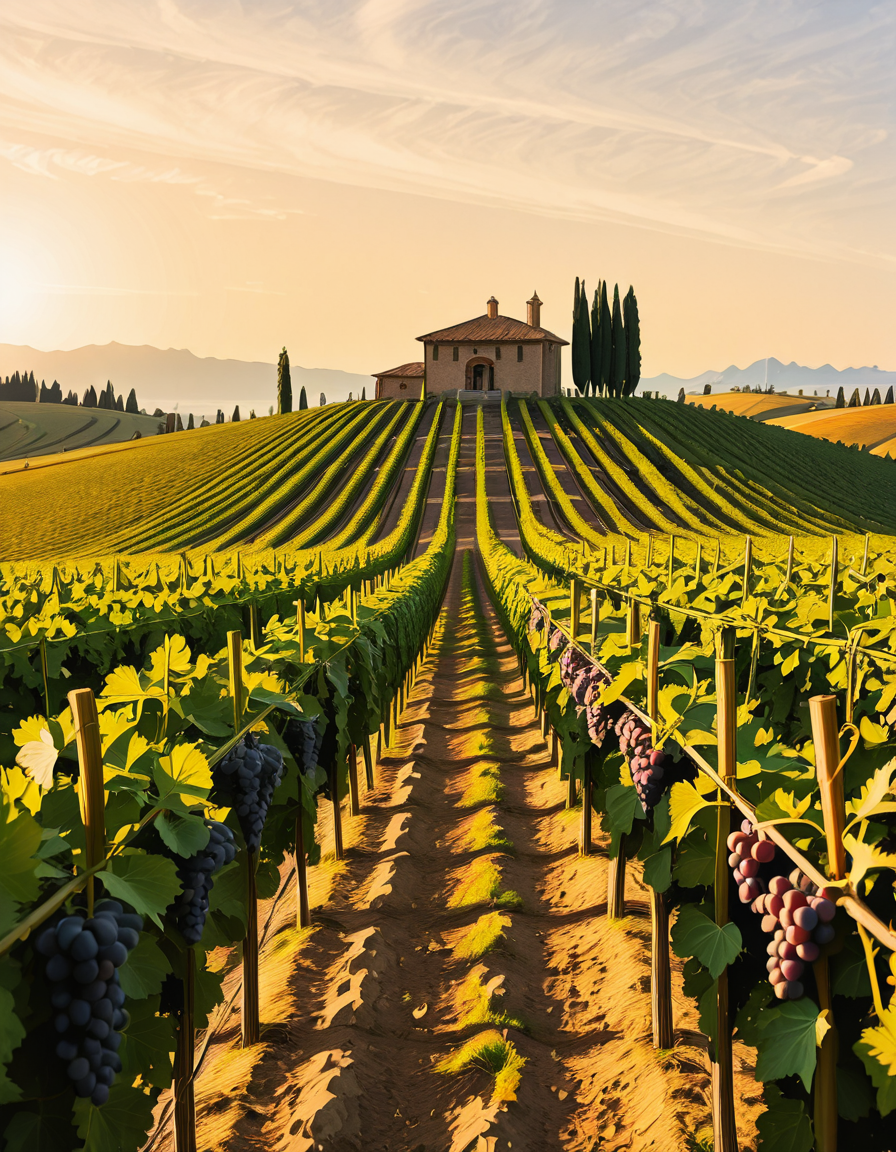 A breathtaking vineyard stretching across rolling hills, bathed in the warm golden light of late afternoon. The neatly aligned rows of grapevines are lush and vibrant, their deep green leaves contrasting with the rich, fertile soil beneath them. The vines are heavy with ripe, plump grapes in shades of deep purple and rich green, glistening under the sunlight. In the background, a rustic stone farmhouse with a terracotta roof sits atop a small hill, surrounded by tall cypress trees. A narrow dirt path winds through the vineyard, leading towards the farmhouse. The sky is a soft blue with wispy clouds scattered across the horizon. In the distance, a range of low mountains adds depth to the landscape. The atmosphere is peaceful and idyllic, evoking the charm of a traditional wine-growing region like Tuscany or Bordeaux. 
<lora:SDXLFaeTastic2400:0.4> <lora:extremely_detailed:0.4> extremely detailed
,v1n3y4rd <lora:v1n3y4rd-i:1>, Masterpiece,best quality,hi res,8k,hi res,8k,award winning,(sharp focus, intricate, highly detailed),