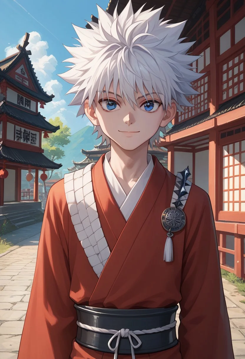 score_9, score_8_up, score_7_up, highly detailed, killuazoldick, 1boy, solo, male focus, blue eyes, white hair, spiked hair, Samurai armor, feudal Japan, intricate detail, looking at viewer, fantasy, ancient village, outdoors, cowboy shot, skinny, smile, closed mouth,