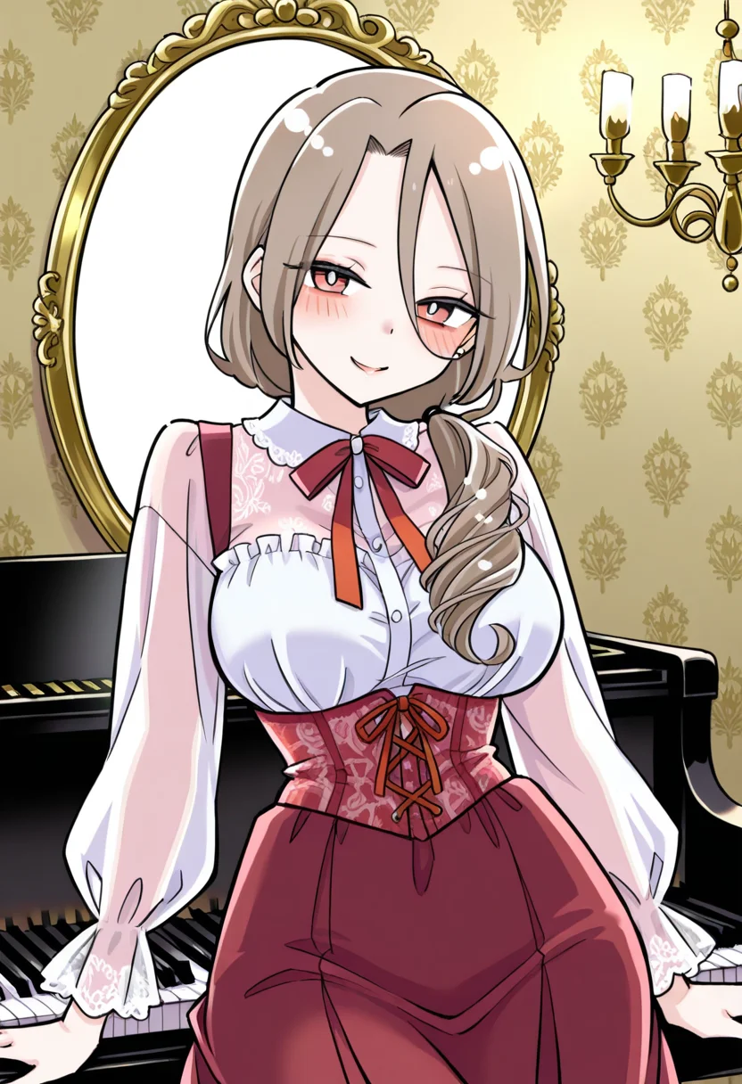 1girl, solo, shino sakisaki, mom, long hair, brown hair, hair between eyes, brown eyes, gradient eyes, red eyes, looking at viewer, low ponytail,
sheer long-sleeved blouse under velvet corset top, lace ribbon cuffs, flared skirt with trim, cowboy shot, leaning against antique piano, vintage wallpaper, golden-framed mirror in background, low lit chandelier, dusty atmosphere,
 <lora:Character_Shino Sakisaki Mom:1>