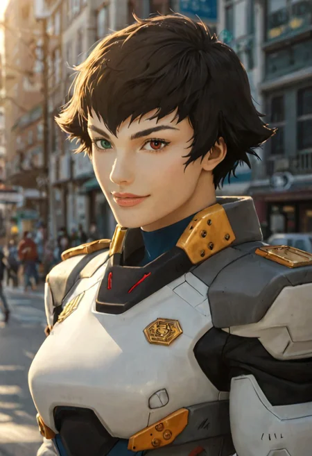 score_9_up, score_8_up, score_7_up, score_6_up, source_anime BREAK l4dydmc4n1m3, red eyes, green eyes, heterochromia, black hair, short hair, bodysuit, fingerless gloves, black gloves, pilot suit, epaulettes, portrait, close up, smile, closed mouth, city street, daytime, masterpiece, beautiful lighting
