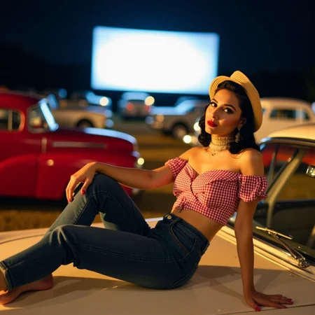 Rockabilly woman reclining on the hood of a classic 1950s car, wearing a gingham off-shoulder top and high-waisted jeans, surrounded by vintage cars at a drive-in theater. The movie screen glows faintly in the distance, casting a cool white light across the scene, while warm yellow light from car headlights creates depth and contrast. Medium shot with a 50mm lens, capturing the nostalgic ambiance of the night and the playful spirit of the 50s. <lora:rockabilly8x:1> r0ckb1ll1v2, r0ckb1ll1