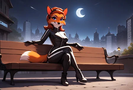 score_9, score_8_up, score_7_up, score_6_up, score_5_up, score_4_up, source_furry
night city, night, city background, moon in the sky
1girl, anthro fox, femme_appeal, black bodysuit, full body, detailed face, detailed eyes, looking at viewer, smile, sitting on bench, sexy pose, crossed legs