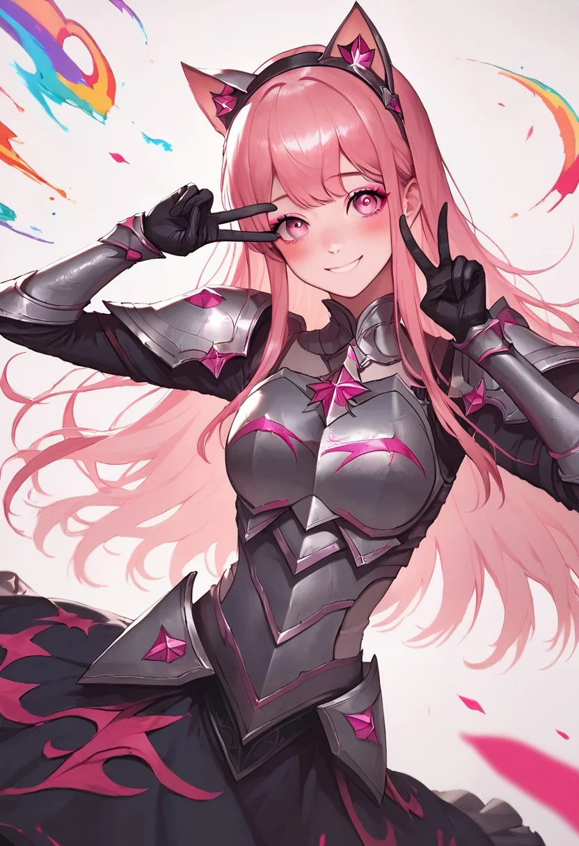 score_9, score_8_up, score_7_up, masterpiece, best quality, anime, anime girl, pink hair, pink eyes, plate armour, pink armour, armour dress, skirt, cute, very colorful, peace pose, shy smile, blush, makeup, simple background, black armour trim, long straight hair, long bangs, black headband with cat ears,