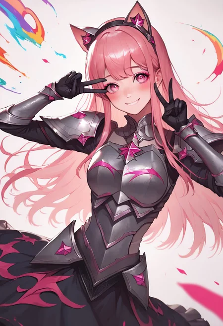 score_9, score_8_up, score_7_up, masterpiece, best quality, anime, anime girl, pink hair, pink eyes, plate armour, pink armour, armour dress, skirt, cute, very colorful, peace pose, shy smile, blush, makeup, simple background, black armour trim, long straight hair, long bangs, black headband with cat ears,