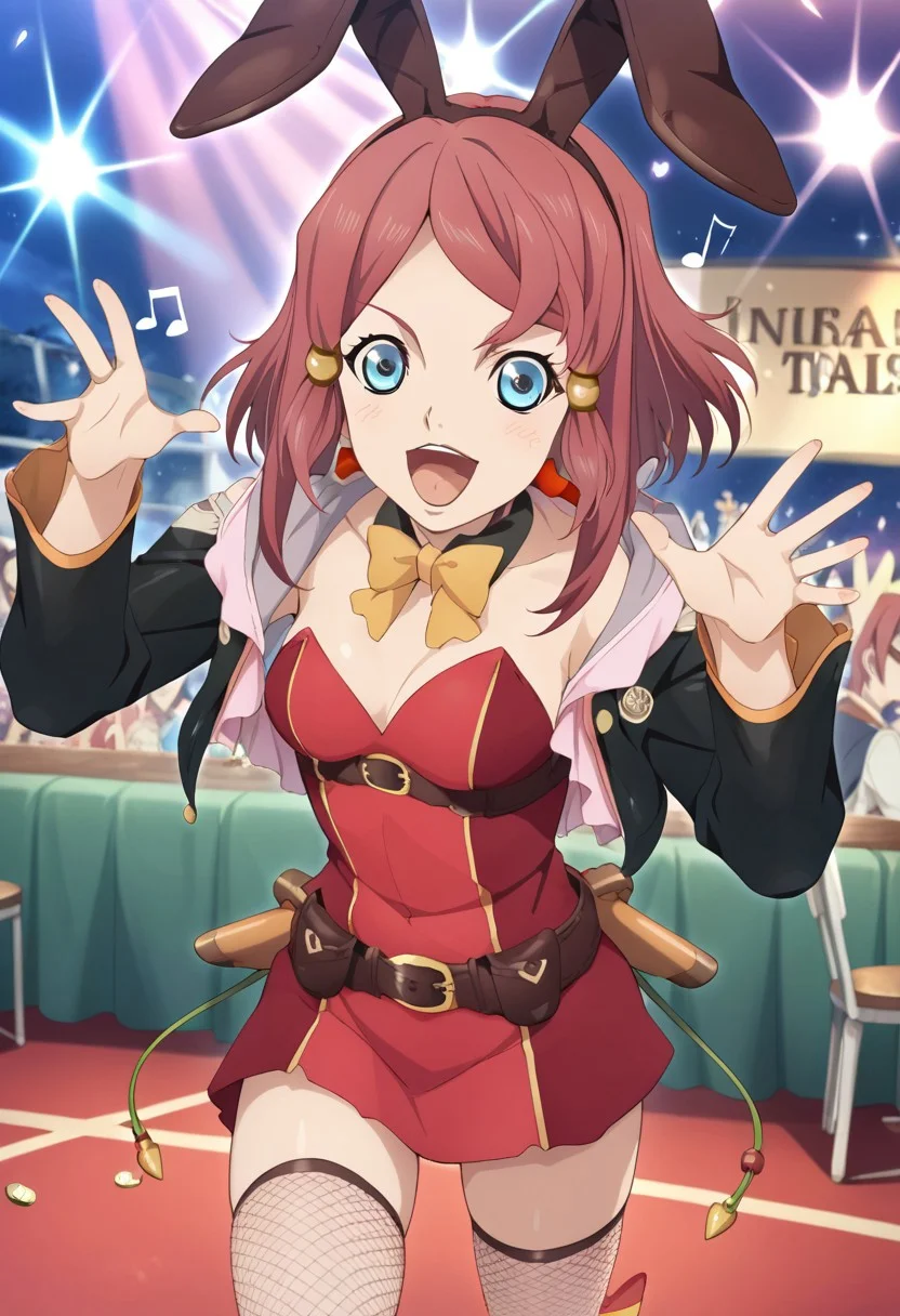 score_9, score_8_up, score_7_up, source_anime, 1girl, BREAK, ROSE (TALES OF ZESTIRIA), Bunny girl, fishnet stockings, singing