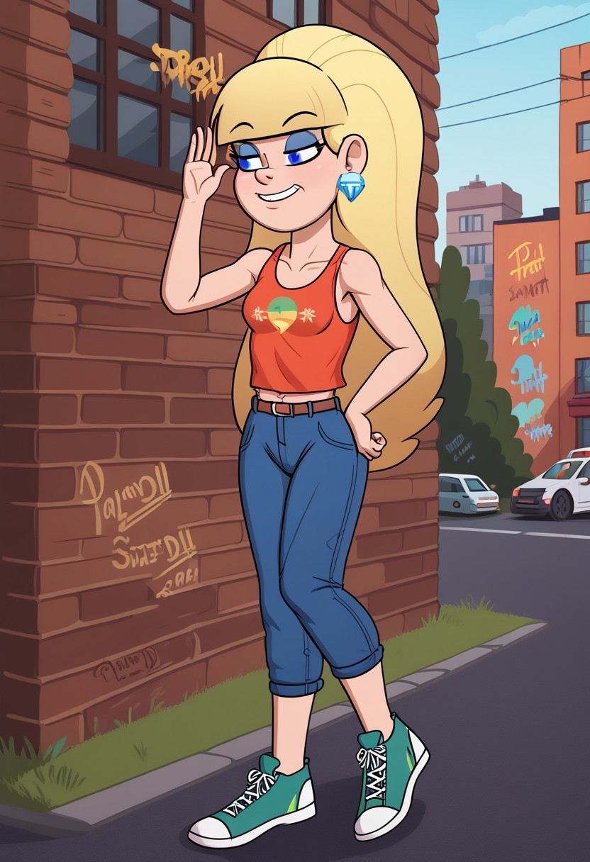 polanstyle, 1girl, casual outfit, urban street, graffiti wall, daylight, pcgfpac