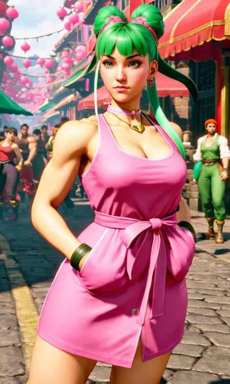 a woman in pink dress, best quality, looking at viewer, <lora:sf6sdxl:0.8>, sf6sdxl, game cg, street fighter, vibrant colors, green hair, updo, fighting stance, beautiful,