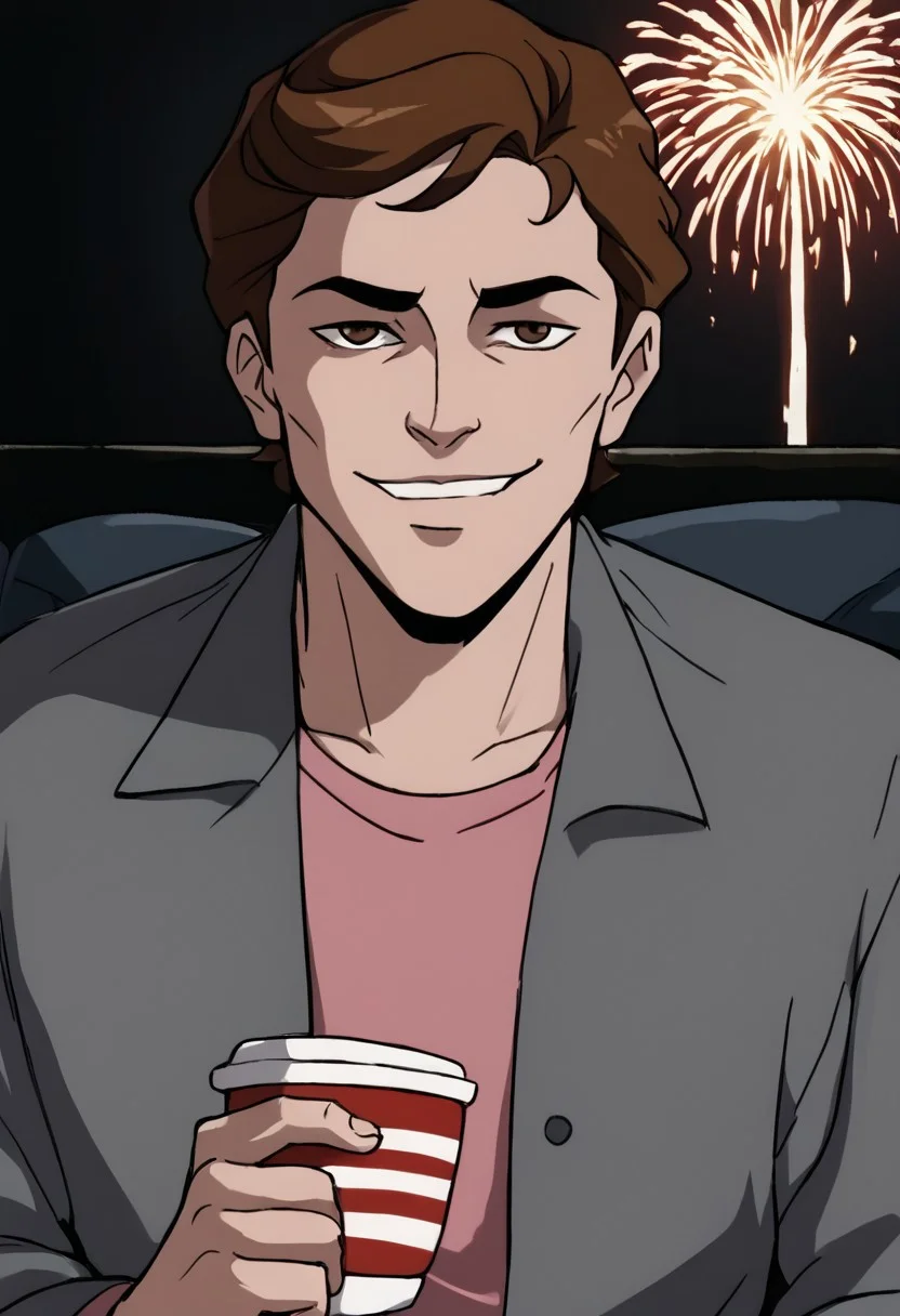 PeterTAS, 1boy, brown hair, brown eyes, open gray jacket, pink undershirt, upper body, in studio apartment, black walls, couch, boy, solo, looking at viewer, sitting, sitting on edge of couch, score_9, score_8_up, score_7_up, high-res image, masterpiece, best quality, smile holding cup fireworks half closed eyes, smug, evil smile