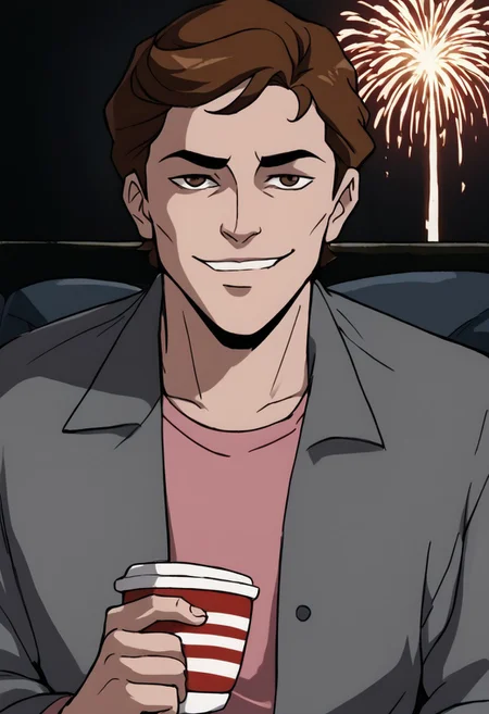 PeterTAS, 1boy, brown hair, brown eyes, open gray jacket, pink undershirt, upper body, in studio apartment, black walls, couch, boy, solo, looking at viewer, sitting, sitting on edge of couch, score_9, score_8_up, score_7_up, high-res image, masterpiece, best quality, smile holding cup fireworks half closed eyes, smug, evil smile