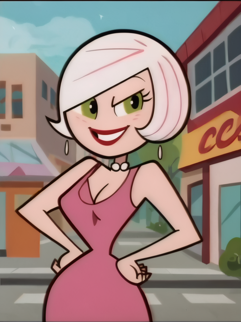 score_9, score_8_up, score_7_up, 1girl, hands on hips, city, smile, looking at viewer, smile, cowboy shot, (dynamic pose:1.1), dynamic angle, sexually suggestive, from side, 
 <lora:ASedusa_character:1>, SedusaXLP, short hair, white hair, green eyes, makeup, pink dress, cleavage, jewelry, flat color, cartoon, anime screencap, open colthes,