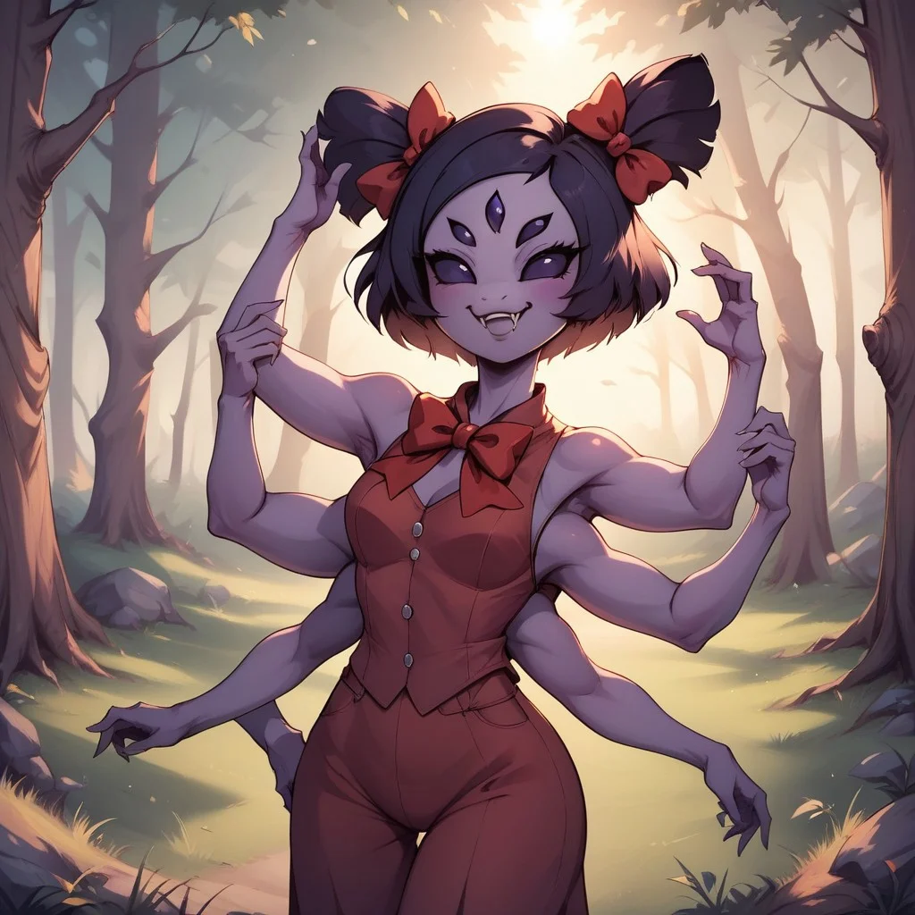 score_9, score_8, BREAK, muffet (undertale), best quality, solo, anthro, ((six arms)), lavender skin, five eyes, twin pigtails, white fangs, red ribbons, red rompers with buttons, long black boots, sexy pose, self portrait, smile, outdoors, sunlight, shadows, evening lighting, natural lighting, forest, trees, grass, orange sky, sunset