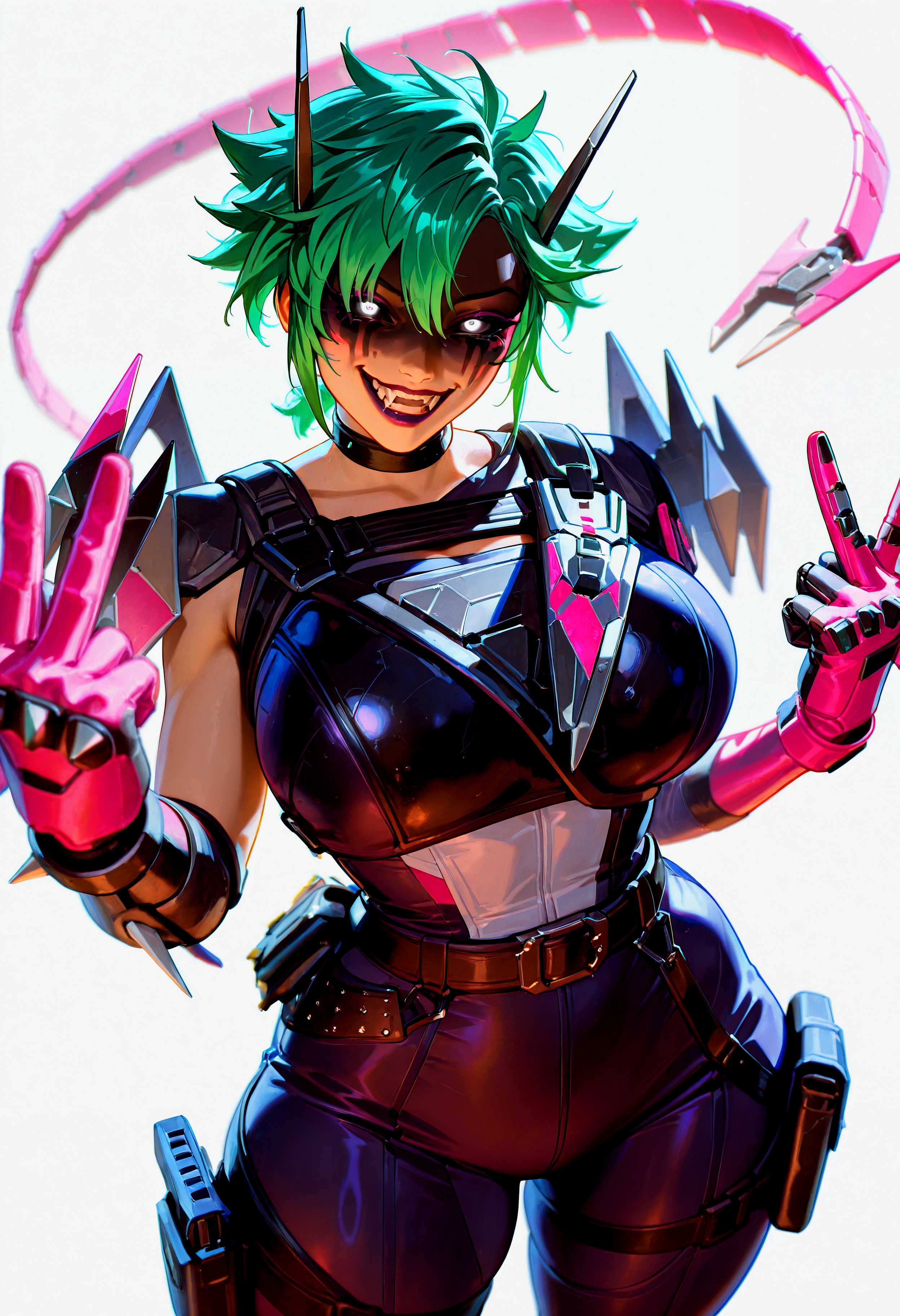 solo, close up, foreshortening, Apex_Alter, 1girl, antennae, makeup, facepaint, shaded face, bags under eyes, messy lipstick, colored sclera, black sclera, white eyes, glowing, glowing eye, messy hair, spiked hair, alternate hairstyle, green hair, short hair, short ponytail, hair between eyes, bangs, hair ornament, huge breasts, wide hips, (thick thighs:1.1), mechanical tail, headgear, choker, official alternate costume, jacket, bodysuit, breastplate, holster on chest, holster on breast, spikes, armor, pauldrons, belt, buckle, shoulder armor, shoulder pads, single mechanical arm, asymmetrical gloves, pink gloves, holster on thigh, looking at viewer, rape face, half closed eyes, crazy eyes, crazy smile, evil grin, corruption, fangs, standing, leaning back, (double middle fingers), (simple background, white background), <lora:ponyxl\cfg_scale_boost:0.7> <lora:IL\KMS_Apex-Legends_Alter_IL-000011:1>